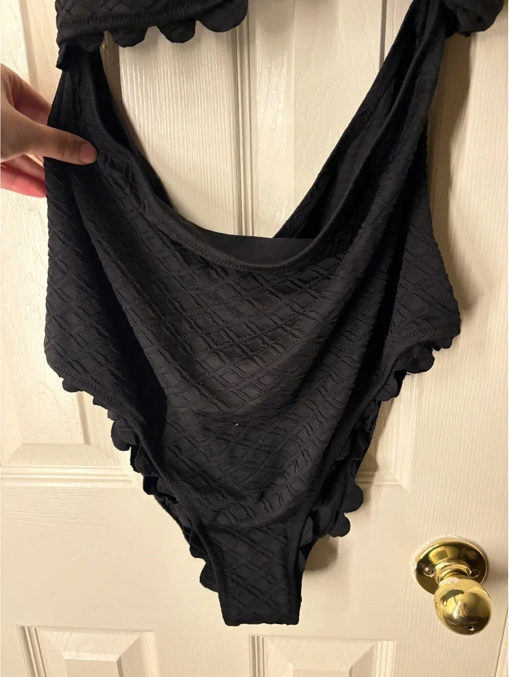 Brand New Black Textured One-Piece Swimsuit with Scalloped Edges - Size XL